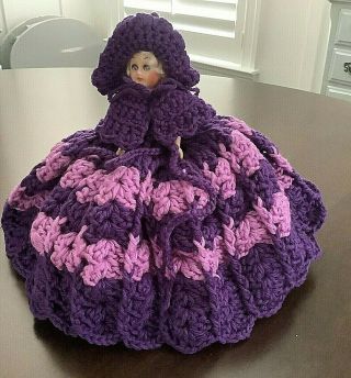 Vintage Crochet Doll Toilet Paper Cover 2 Tone Purple With Shawl And Hat