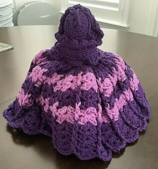 Vintage Crochet doll Toilet paper cover 2 tone purple with shawl and hat 2