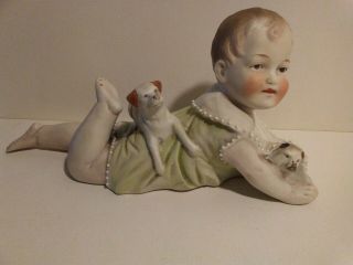 Antique Or Vintage Bisque Porcelain Piano Baby Boy With 2 Dogs Figurine 9”