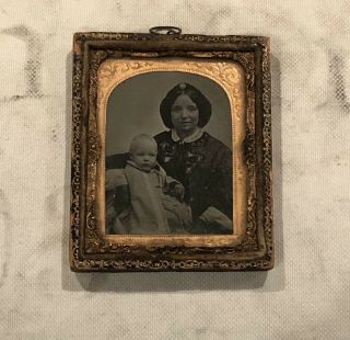 Antique 1800’s Ambrotype Photo Of Mother & Baby In Ornate Frame Case