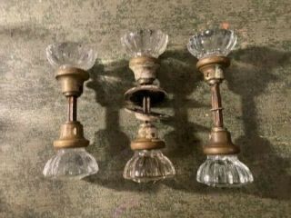 Set Of 3 Vintage Glass Door Knobs With Brass Hardware