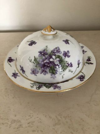 Rare Hammersley Victorian Violets Round Covered Butter Dish Gorgeous