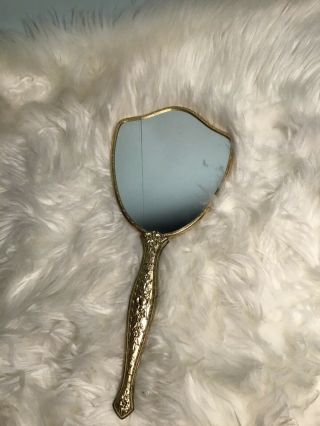 Antique Gold Tone Hand Held Vanity Mirror With Rose And Angel Design