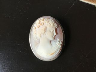 Sterling Silver Cameo 1.  25 X1 Inch Antique Brooch Pendant Age Unknown