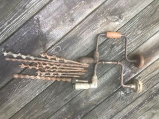 Old Vintage Antique Tools Ratcheting Bit Brace With 9 Auger Bits