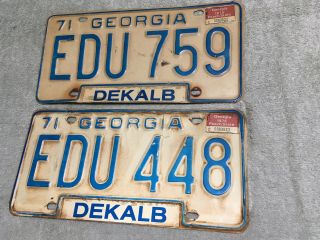 Vintage Georgia 1971 License Plate Auto Car Tag Pair Dekalb Edu Teacher Antique