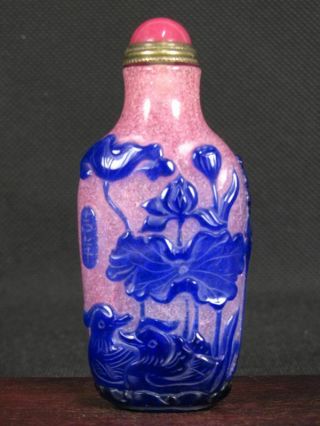 Chinese Mandarin Duck Lotus Carved Peking Overlay Glass Snuff Bottle