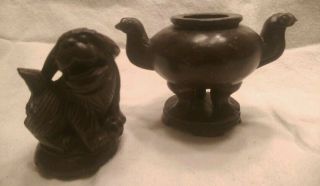 Antique Rare Chinese Brwn Chalcedony Hand Carved Foo Dog Incense Burner Not Jade