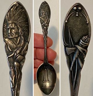 Antique Howard Sterling Souvenir Spoon American Indian Chief Valley Of Wyoming