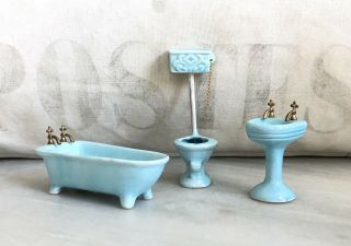 Great Old Glazed Blue Porcelain 1:12 Dollhouse Bathroom Set Metal Faucets