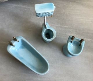 Great Old Glazed Blue Porcelain 1:12 Dollhouse Bathroom Set Metal Faucets 2