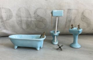 Great Old Glazed Blue Porcelain 1:12 Dollhouse Bathroom Set Metal Faucets 3