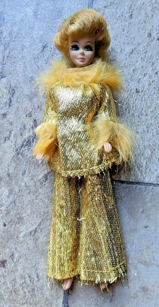 Vintage Topper Dawn Doll With Bubble Hair Cut,  Gold Lame Pants Suit
