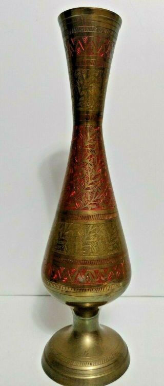 Vintage Rare Brass Metal Vase Hand Carved Etched Engraved Home Decor 10 " Tall