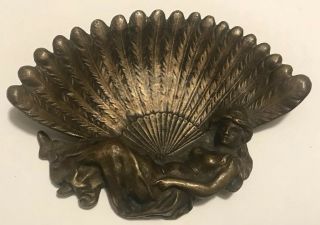 Vintage Art Nouveau Brass Feather Fan Lady Trinket Jewelry Candy Dish 6 - 1/2”x 5”