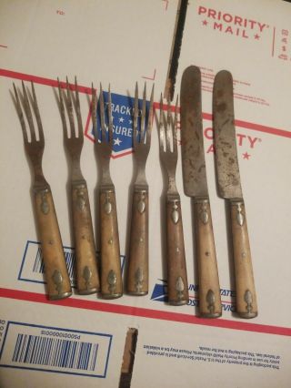 Antique Set Of 7 Matching Piece Antique Wood Handle 3 Tine Forks Pre Civil War