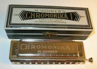 Antique German Harmonica Hohner Chromonika I W/tissue Instructions.  In C