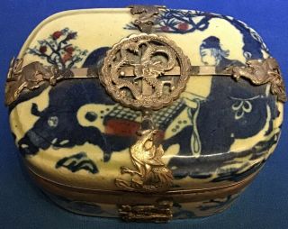 Antique Green And Blue Porcelain With Metal Ornamentation Trinket Box