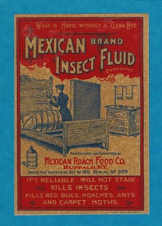Rare Old 1910 Bed Bug Killer " Mexican Brand " Bottle Label Buffalo Ny