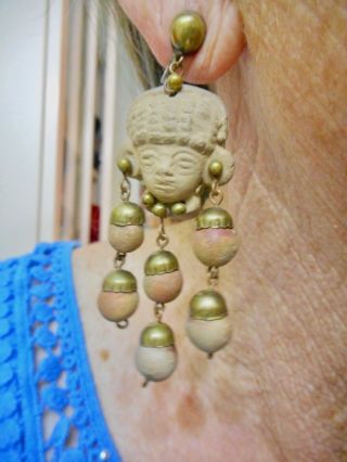 Vintage 1940 ' s - 50 ' s Maya Mexico Pottery Dangle Screwback Earrings RARE 3