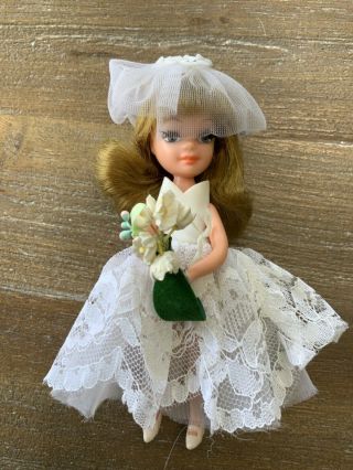 Vintage Tiny Teen Mini Doll 5 " Bride Time 1967 Uneeda Veil,  Dress & Bouquet Vgc