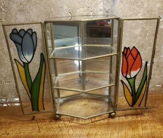 Vtg Brass Curio Glass Shelves Mirror Table Top Cabinet Display Case 6 - 3/4 " Tall