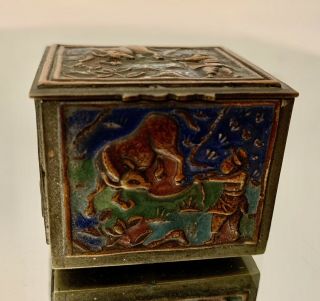 Vintage Chinese Brass And Enamel Stamp Box 1 1/2” Long X 1 1/2” Deep 1 1/4” Tall