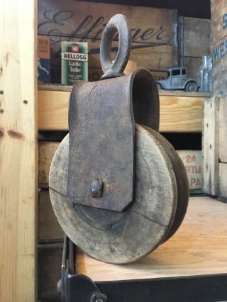 Primitive Antique Wood Iron Barn Pulley Block Tackle Vintage Wooden Farm Tool