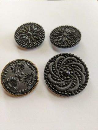 Antique Vtg Intricate 4 Victorian Black Glass Buttons Button Sun Burst 1 3/8 "