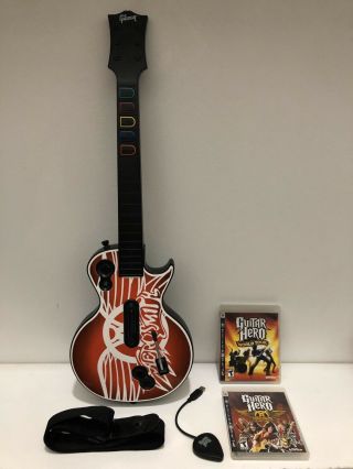 Ps3 Guitar Hero Les Paul Aerosmith Guitar W/ Games & Dongle Rare