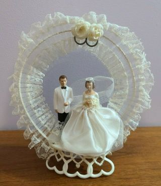 Circa 1966 1960s Vintage Wedding Cake Topper Lace Netting Hearts Flowers