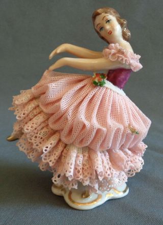 Vintage Dresden Germany Pink Porcelain Lace Dancing Ballerina 4 "