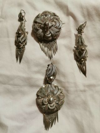 Very Rare Suite Of Antique Silver Filigree Cannetille Jewellery