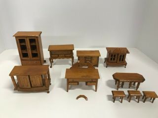 Vtg Miniature Wooden Doll House Furniture Table Hutch Dresser Bookcase Vanity
