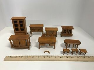Vtg Miniature Wooden Doll House Furniture Table Hutch Dresser Bookcase Vanity 2