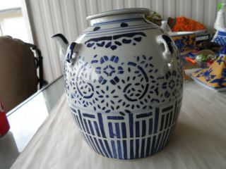 Large Antique Chinese Blue & White Transfer Ware Pottery Porcelain Teapot