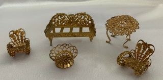 Vintage Dollhouse Furniture Gold Tone Wire/metal Set Of 5