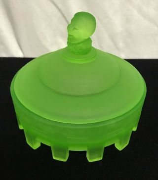 Antique Deco Vaseline Green Satin Glass Harlequin Jester Powder Jar Trinket Box