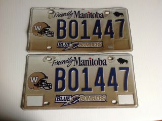 Rare 1 Pair " Winnipeg Blue Bombers " Friendly Manitoba License Plates Good Cond