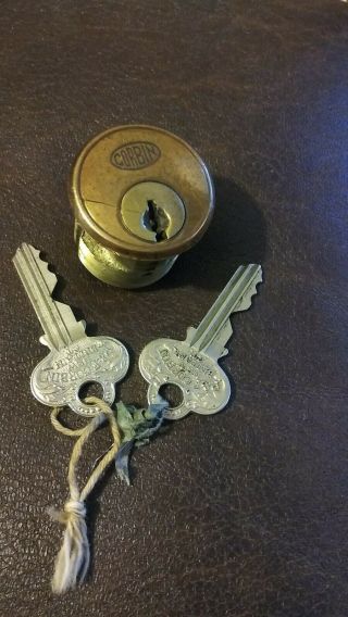Vintage Corbin Lock Cylinder With 2 Keys.  Great Detail