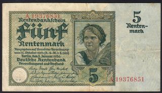 1926 5 Rentenmark Mark Germany Rare Old Vintage Paper Money Banknote Currency Vf