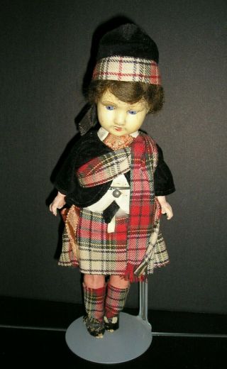 9 " Antique Vintage Bisque Scottish Kilt Doll W/stand