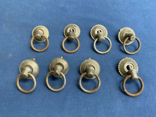 8 Antique Drop Ring Drawer Pull Handles Backplates Sewing Spool Cabinet Hardware