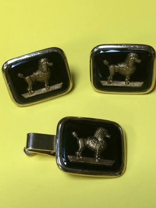 Rare Vintage Poodle Black & Gold Art Deco Cufflinks & Tie Tack