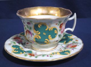 Rare Antique 19th Century Green With Gold Decor,  Flower Bouquet Cup And Saucer