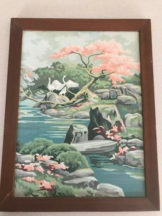 Vintage Paint By Number White Swans On Rock Near Stream 17 X 14” Framed