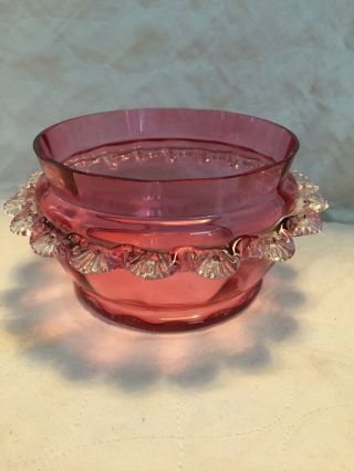 Antique Hand Blown Cranberry Glass Finger Bowl W/ Clear Petal Rim 6 - 35