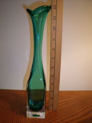 Vintage Viking Style Green Glass Swung Bud Vase 12 " Tall Sq.  Base Rare