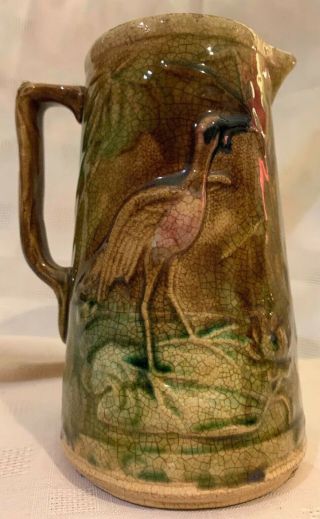 Antique Majolica Pottery Pitcher Crane Bird Water Lilies