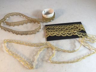 2 Delicate Antique French Victorian Gold Metal Lace Crochet Trims 78 " & 30 "